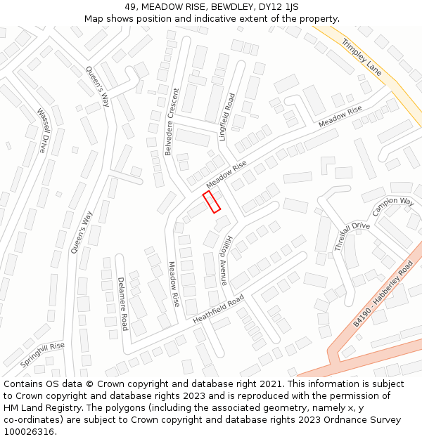 49, MEADOW RISE, BEWDLEY, DY12 1JS: Location map and indicative extent of plot