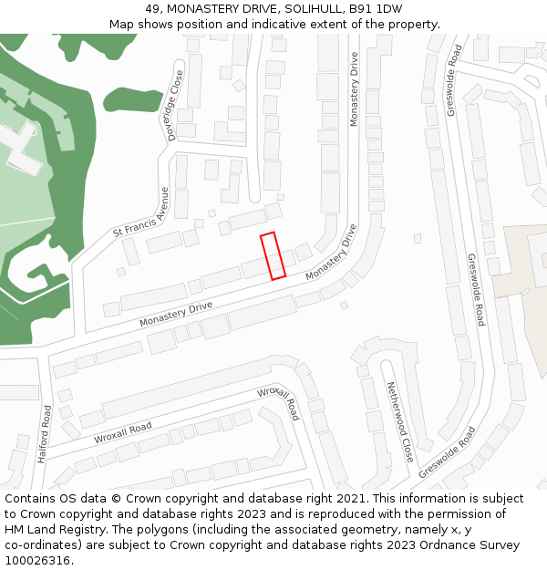 49, MONASTERY DRIVE, SOLIHULL, B91 1DW: Location map and indicative extent of plot