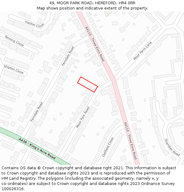 49, MOOR PARK ROAD, HEREFORD, HR4 0RR: Location map and indicative extent of plot