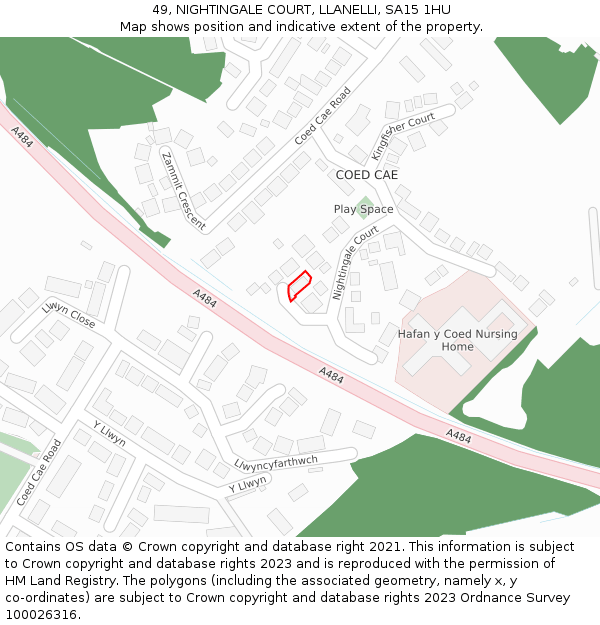 49, NIGHTINGALE COURT, LLANELLI, SA15 1HU: Location map and indicative extent of plot