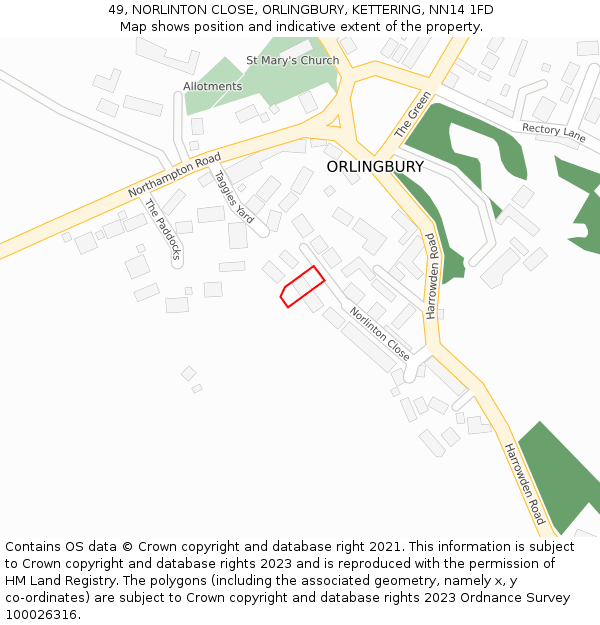 49, NORLINTON CLOSE, ORLINGBURY, KETTERING, NN14 1FD: Location map and indicative extent of plot