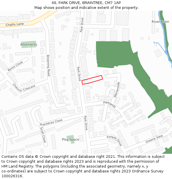 49, PARK DRIVE, BRAINTREE, CM7 1AP: Location map and indicative extent of plot