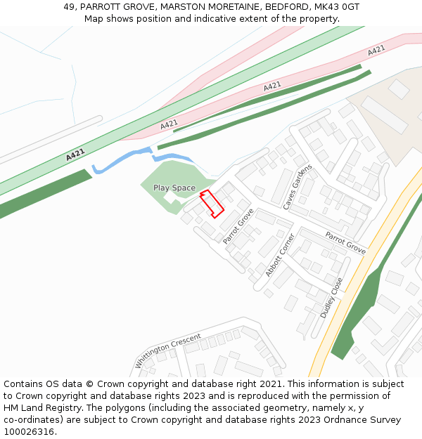 49, PARROTT GROVE, MARSTON MORETAINE, BEDFORD, MK43 0GT: Location map and indicative extent of plot