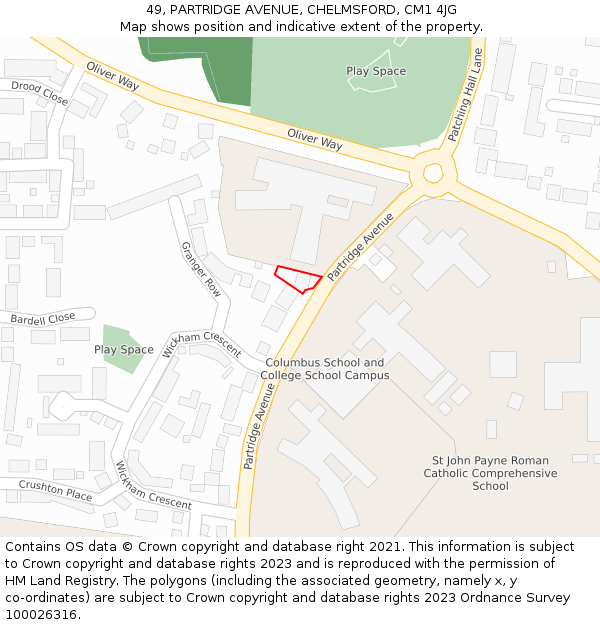 49, PARTRIDGE AVENUE, CHELMSFORD, CM1 4JG: Location map and indicative extent of plot