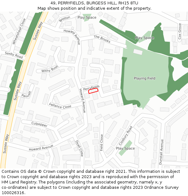 49, PERRYFIELDS, BURGESS HILL, RH15 8TU: Location map and indicative extent of plot