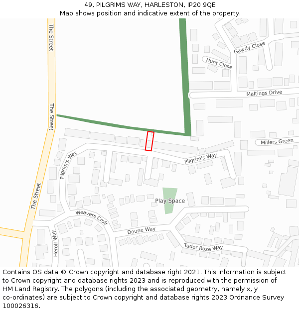 49, PILGRIMS WAY, HARLESTON, IP20 9QE: Location map and indicative extent of plot