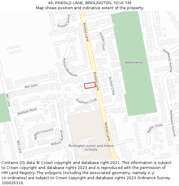 49, PINFOLD LANE, BRIDLINGTON, YO16 7AF: Location map and indicative extent of plot