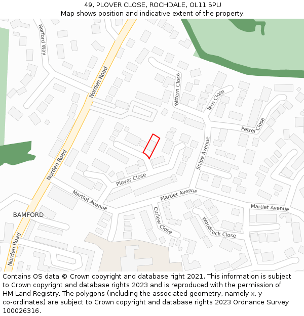 49, PLOVER CLOSE, ROCHDALE, OL11 5PU: Location map and indicative extent of plot