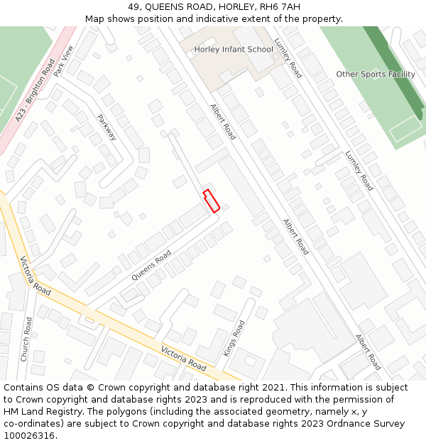 49, QUEENS ROAD, HORLEY, RH6 7AH: Location map and indicative extent of plot