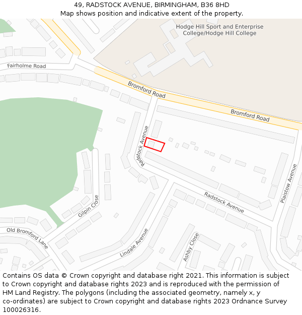 49, RADSTOCK AVENUE, BIRMINGHAM, B36 8HD: Location map and indicative extent of plot