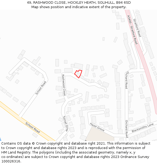 49, RASHWOOD CLOSE, HOCKLEY HEATH, SOLIHULL, B94 6SD: Location map and indicative extent of plot