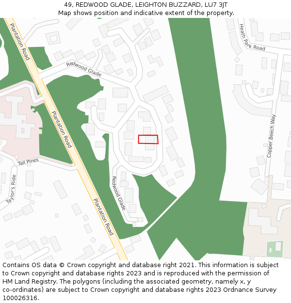 49, REDWOOD GLADE, LEIGHTON BUZZARD, LU7 3JT: Location map and indicative extent of plot