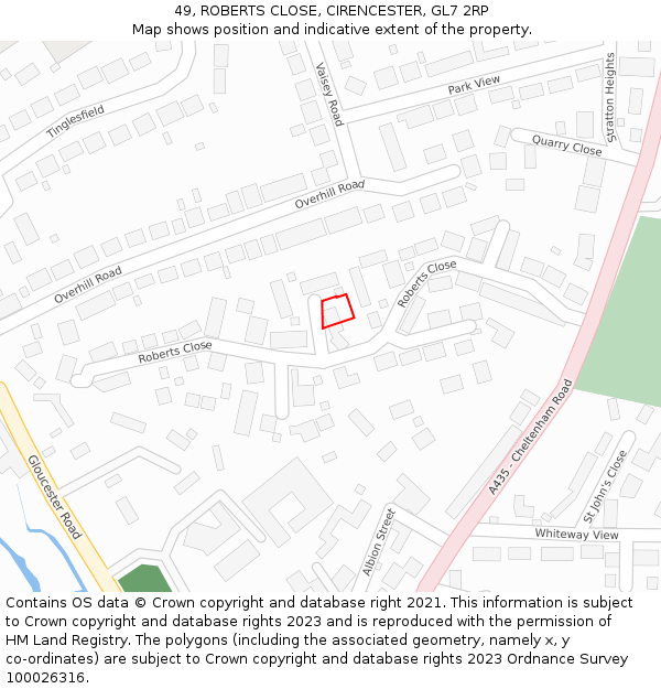 49, ROBERTS CLOSE, CIRENCESTER, GL7 2RP: Location map and indicative extent of plot