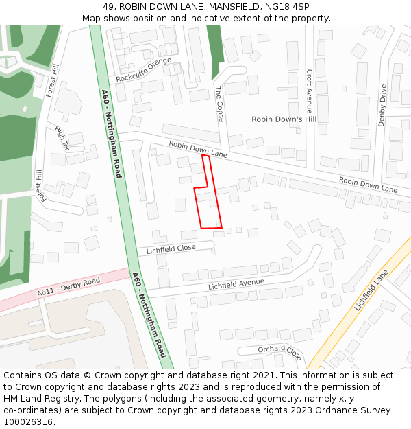 49, ROBIN DOWN LANE, MANSFIELD, NG18 4SP: Location map and indicative extent of plot