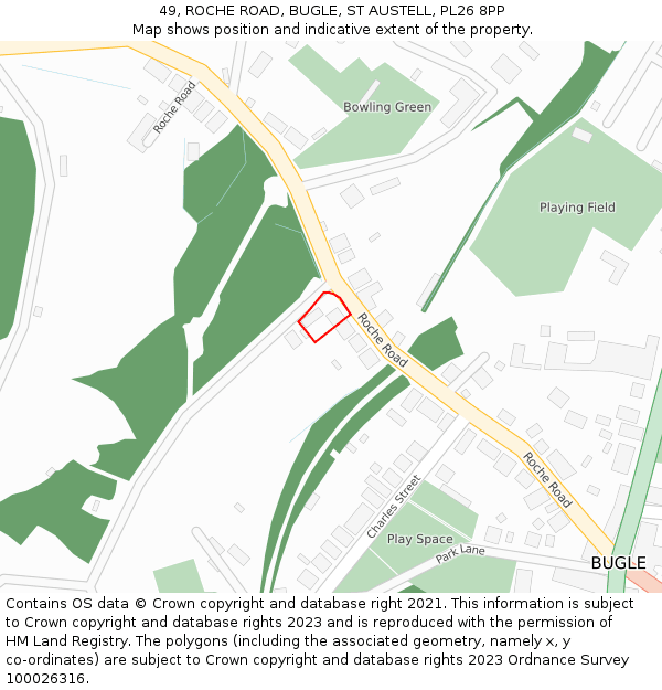 49, ROCHE ROAD, BUGLE, ST AUSTELL, PL26 8PP: Location map and indicative extent of plot