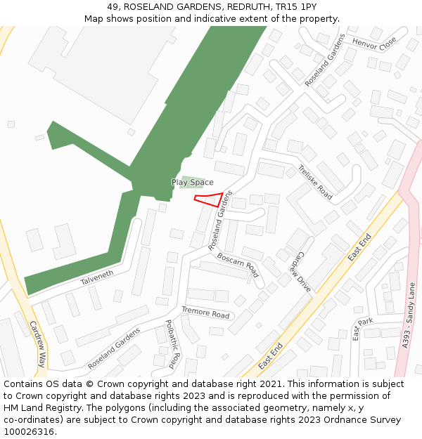 49, ROSELAND GARDENS, REDRUTH, TR15 1PY: Location map and indicative extent of plot