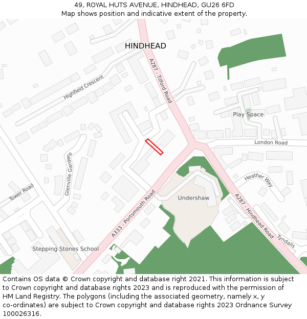 49, ROYAL HUTS AVENUE, HINDHEAD, GU26 6FD: Location map and indicative extent of plot