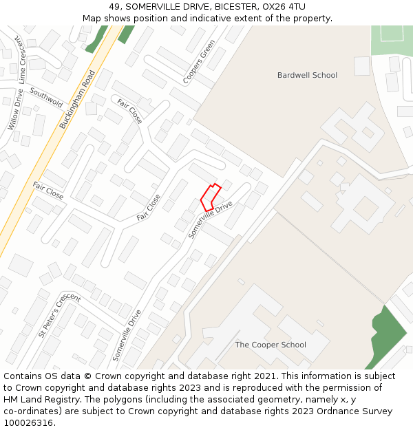 49, SOMERVILLE DRIVE, BICESTER, OX26 4TU: Location map and indicative extent of plot