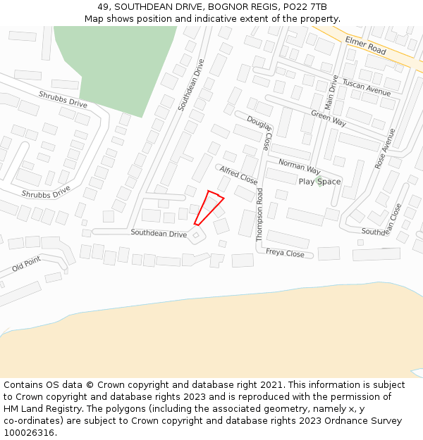 49, SOUTHDEAN DRIVE, BOGNOR REGIS, PO22 7TB: Location map and indicative extent of plot