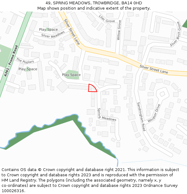 49, SPRING MEADOWS, TROWBRIDGE, BA14 0HD: Location map and indicative extent of plot