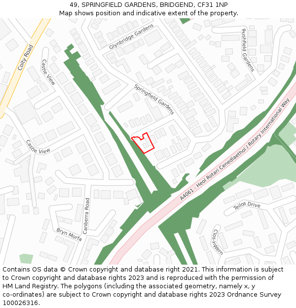 49, SPRINGFIELD GARDENS, BRIDGEND, CF31 1NP: Location map and indicative extent of plot