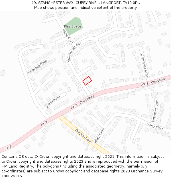 49, STANCHESTER WAY, CURRY RIVEL, LANGPORT, TA10 0PU: Location map and indicative extent of plot