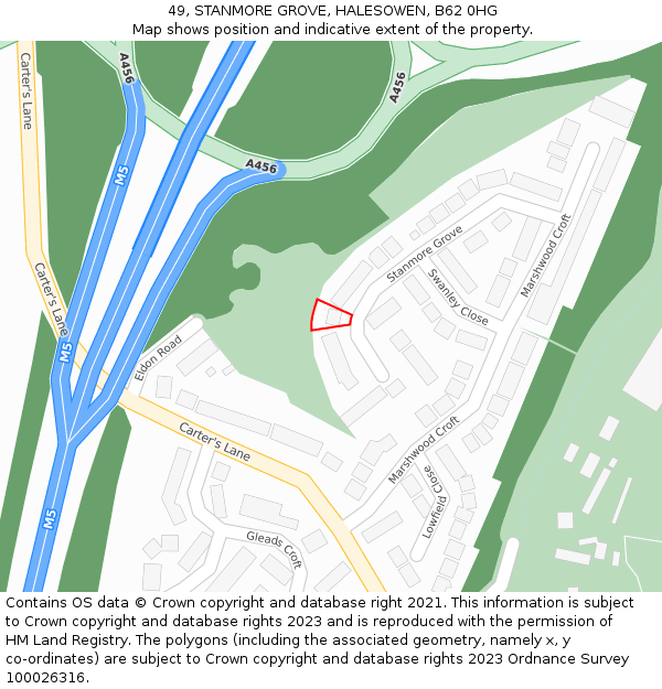 49, STANMORE GROVE, HALESOWEN, B62 0HG: Location map and indicative extent of plot