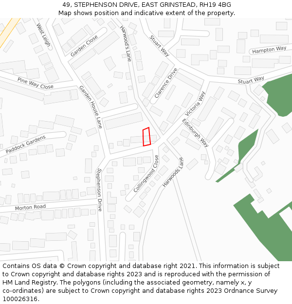 49, STEPHENSON DRIVE, EAST GRINSTEAD, RH19 4BG: Location map and indicative extent of plot