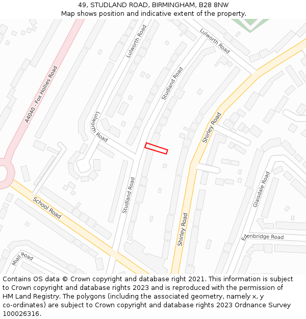 49, STUDLAND ROAD, BIRMINGHAM, B28 8NW: Location map and indicative extent of plot