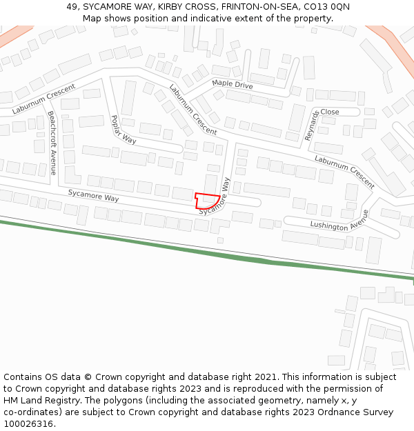 49, SYCAMORE WAY, KIRBY CROSS, FRINTON-ON-SEA, CO13 0QN: Location map and indicative extent of plot