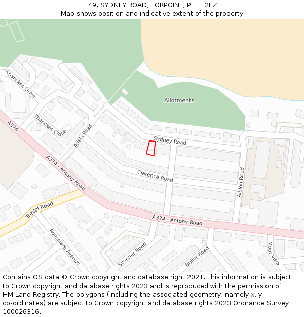 49, SYDNEY ROAD, TORPOINT, PL11 2LZ: Location map and indicative extent of plot