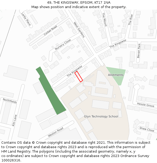 49, THE KINGSWAY, EPSOM, KT17 1NA: Location map and indicative extent of plot