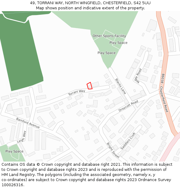 49, TORRANI WAY, NORTH WINGFIELD, CHESTERFIELD, S42 5UU: Location map and indicative extent of plot