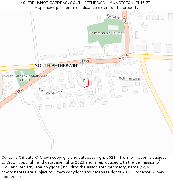 49, TRELINNOE GARDENS, SOUTH PETHERWIN, LAUNCESTON, PL15 7TH: Location map and indicative extent of plot