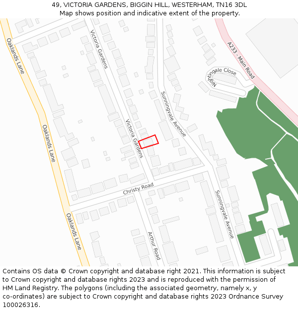 49, VICTORIA GARDENS, BIGGIN HILL, WESTERHAM, TN16 3DL: Location map and indicative extent of plot