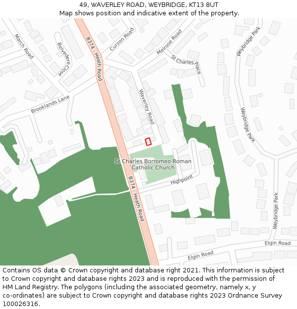49, WAVERLEY ROAD, WEYBRIDGE, KT13 8UT: Location map and indicative extent of plot