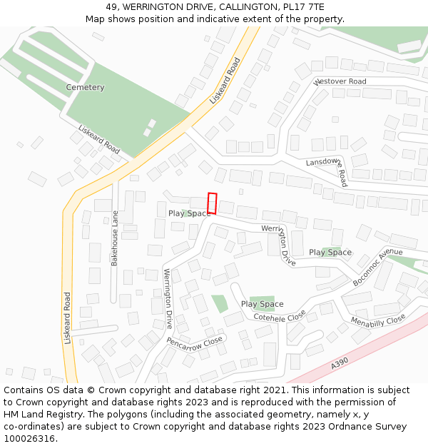 49, WERRINGTON DRIVE, CALLINGTON, PL17 7TE: Location map and indicative extent of plot