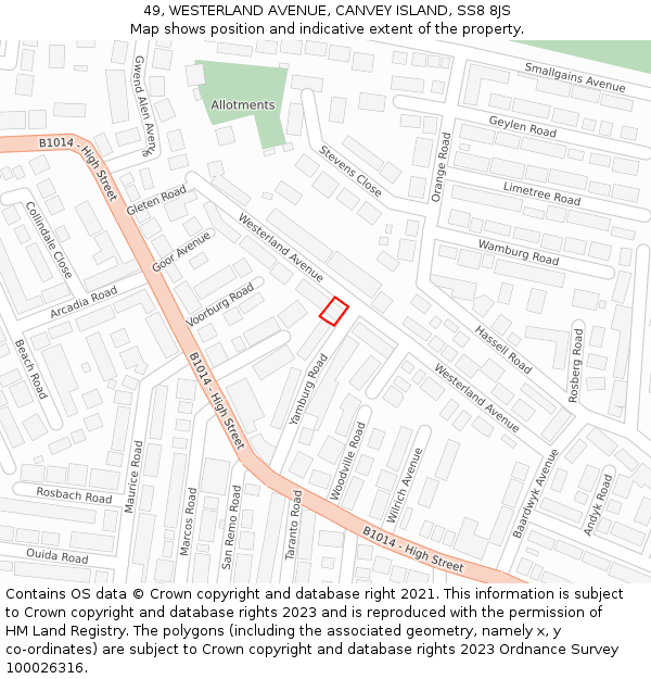 49, WESTERLAND AVENUE, CANVEY ISLAND, SS8 8JS: Location map and indicative extent of plot