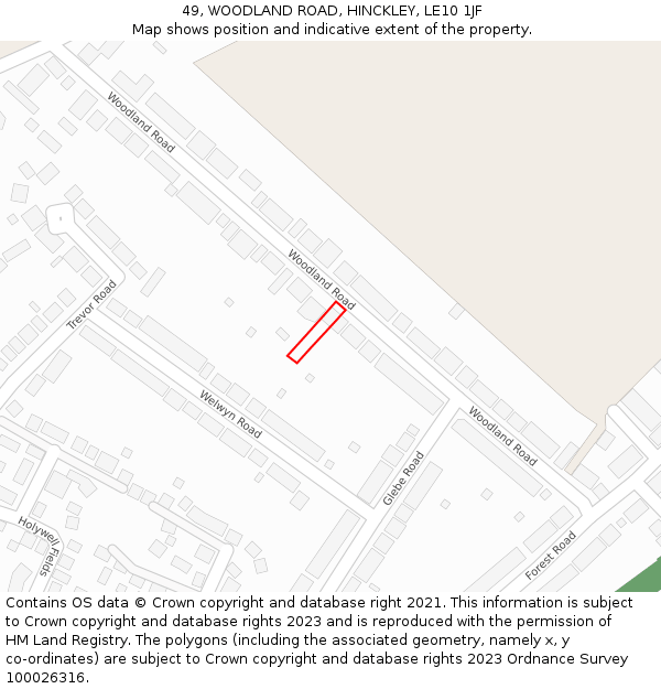 49, WOODLAND ROAD, HINCKLEY, LE10 1JF: Location map and indicative extent of plot