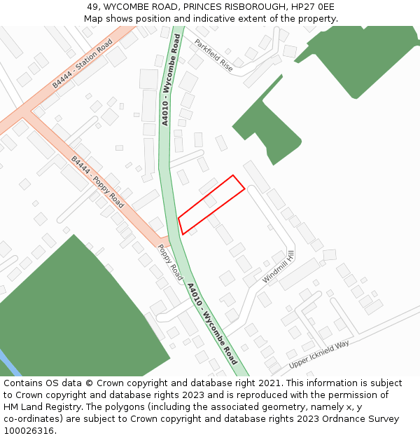 49, WYCOMBE ROAD, PRINCES RISBOROUGH, HP27 0EE: Location map and indicative extent of plot