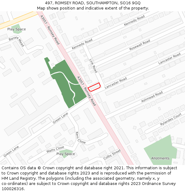 497, ROMSEY ROAD, SOUTHAMPTON, SO16 9GQ: Location map and indicative extent of plot