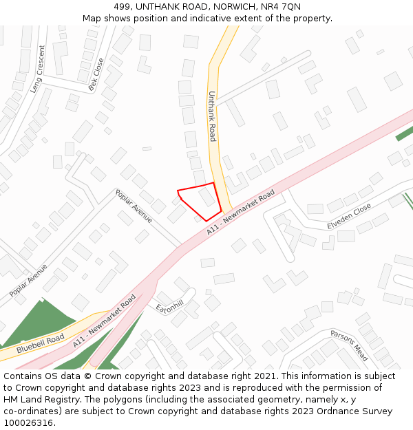 499, UNTHANK ROAD, NORWICH, NR4 7QN: Location map and indicative extent of plot