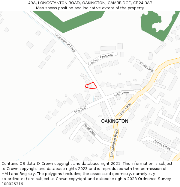 49A, LONGSTANTON ROAD, OAKINGTON, CAMBRIDGE, CB24 3AB: Location map and indicative extent of plot