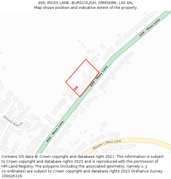 49A, MOSS LANE, BURSCOUGH, ORMSKIRK, L40 4AL: Location map and indicative extent of plot