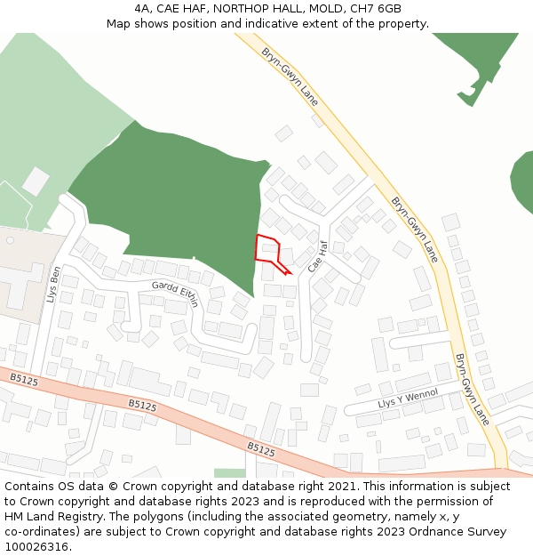 4A, CAE HAF, NORTHOP HALL, MOLD, CH7 6GB: Location map and indicative extent of plot