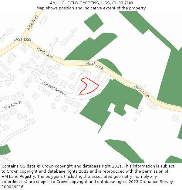 4A, HIGHFIELD GARDENS, LISS, GU33 7NQ: Location map and indicative extent of plot