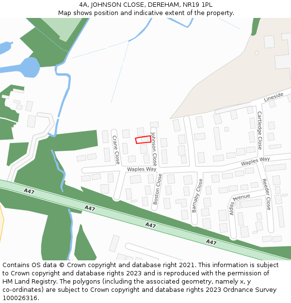 4A, JOHNSON CLOSE, DEREHAM, NR19 1PL: Location map and indicative extent of plot