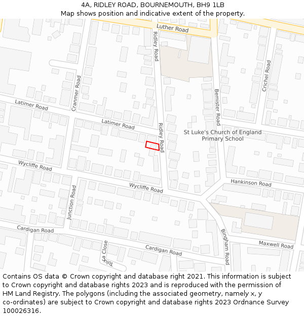4A, RIDLEY ROAD, BOURNEMOUTH, BH9 1LB: Location map and indicative extent of plot