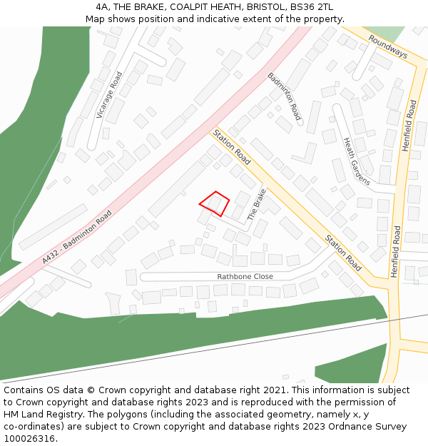 4A, THE BRAKE, COALPIT HEATH, BRISTOL, BS36 2TL: Location map and indicative extent of plot