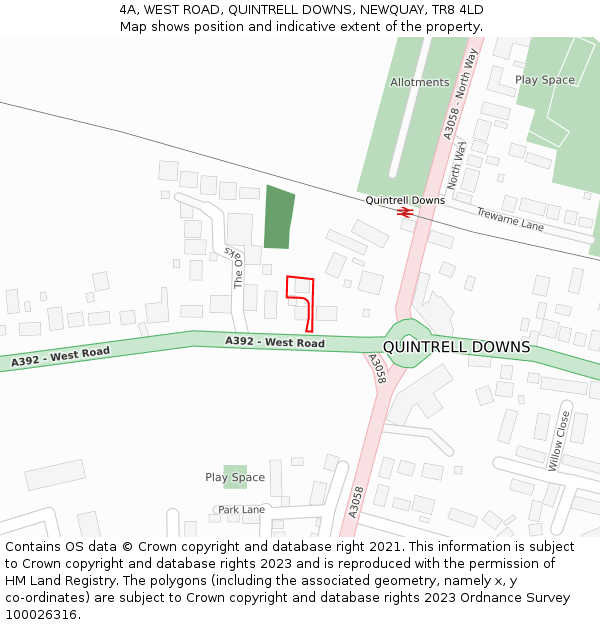 4A, WEST ROAD, QUINTRELL DOWNS, NEWQUAY, TR8 4LD: Location map and indicative extent of plot